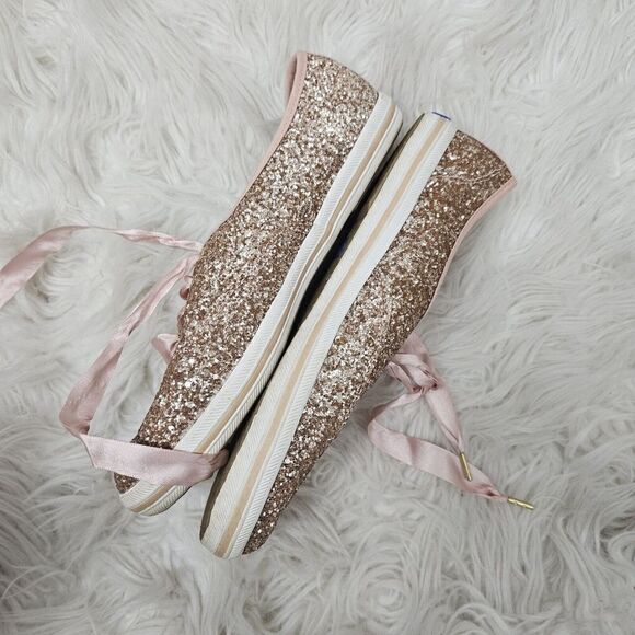Keds X Kate Spade Champion Rose Gold Pink Glitter Ribbon Lace Flat Sneaker Sz 7 - Picture 3 of 7